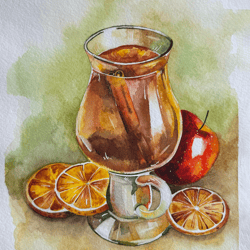 Watercolor painting. Spiced mulled wine