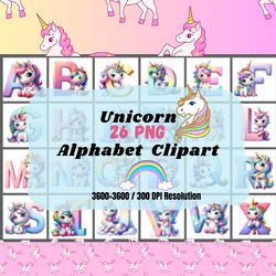 Unicorn Alphabet Watercolor Clipart