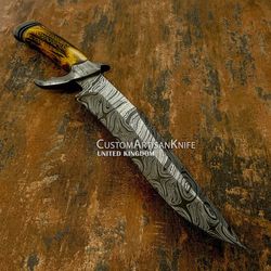 Custom Hand Made Damascus Art Bowie knife Stag Antler