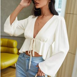 bell sleeve top sewing pattern, tie front, peplum blouse