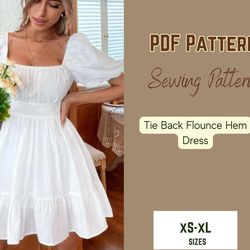tie back dress sewing pattern, flounce tiered, puff sleeve dress pdf, square neck pdf pattern