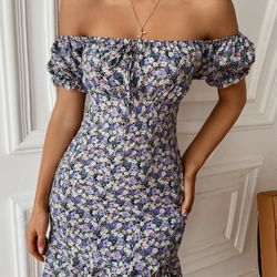 off-shoulder dress pattern knotted ruffle hem pdf file, woman sewing diy, puff sleeve, mini short lenght,