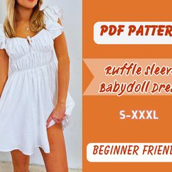 ruffle sleeve mini dress sewing pattern, xs-xxxl, drawstring front, elastic waist