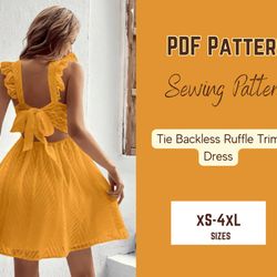 Tie Back , Ruffle Sleeve Dress Sewing Pattern- PDF, Mini,elastic waist, v neck