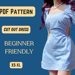 square neck dress sewing pattern, puffy short , xs-xl, pdf , a line high waist, ladys party dress, minimalist pattern