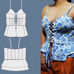 sleeveless top sewing pattern, v neck, tie front, woman cami blouse, xs-xl