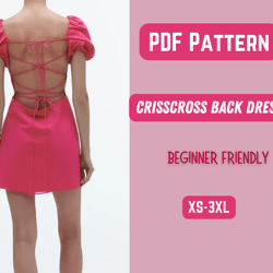 Backless Dress Sewing Pattern, Teen Woman Sexy Crisscross Clothes, PDF Pattern, XS-3XL Puff Sleeve