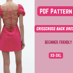 backless dress sewing pattern, teen woman sexy crisscross clothes, pdf pattern, xs-3xl puff sleeve