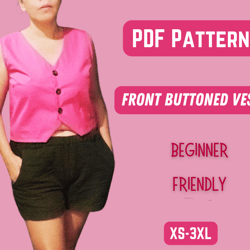 Woman Vest Sewing Pattern, Front Buttoned, Summer outfit, Sleeveless top