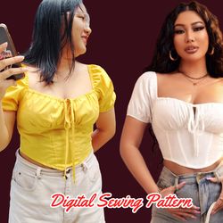 tie front top sewing pattern, woman top, zipper back , xs-4xl, pdf template, easy to sew