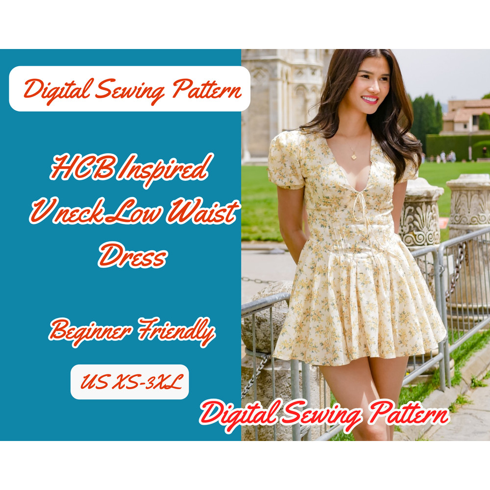 Pleated Skirt Dress Sewing Pattern Woman Plunge Neck Puff Sleeve 7