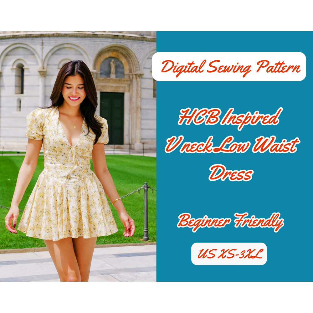 Pleated Skirt Dress Sewing Pattern Woman Plunge Neck Puff Sleeve 0