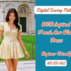 pleated skirt dress sewing pattern, woman plunge neck puff sleeve