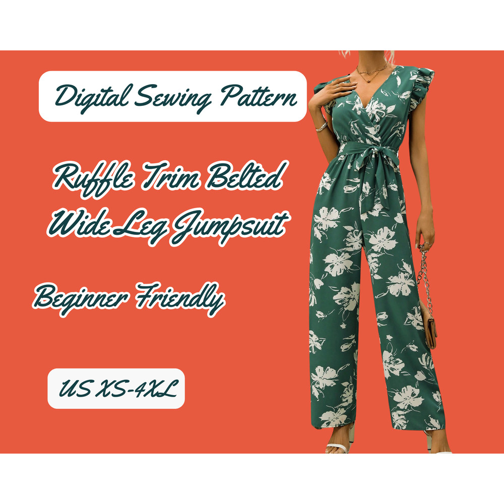Wide Leg Jumpsuit Sewing Pattern SXXL Ruffle Sleeve Belted Waist PDF File 0