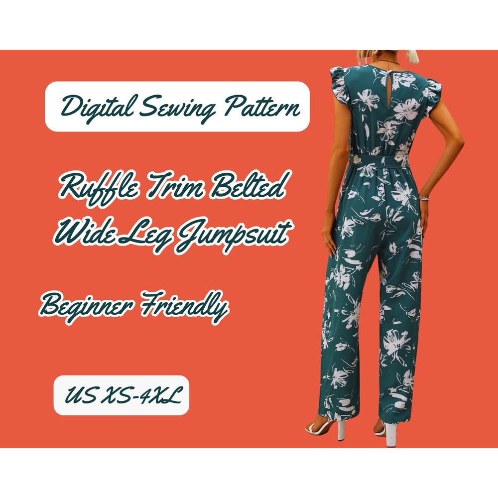 Wide Leg Jumpsuit Sewing Pattern SXXL Ruffle Sleeve Belted Waist PDF File 2