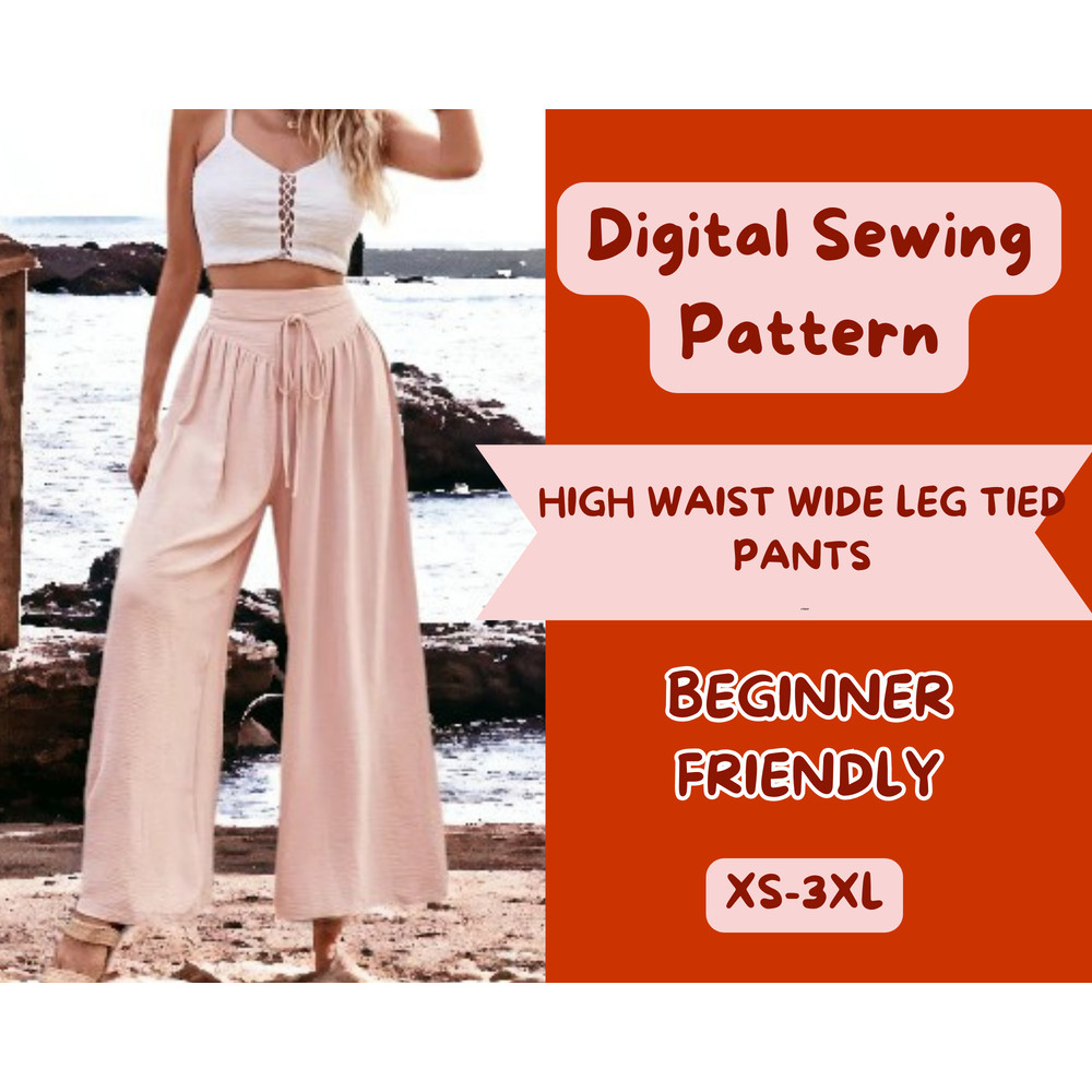 High Waist Wide Leg Tied Pants Sewing Pattern Casual Loose Pants Spring Summer XS3XL 1
