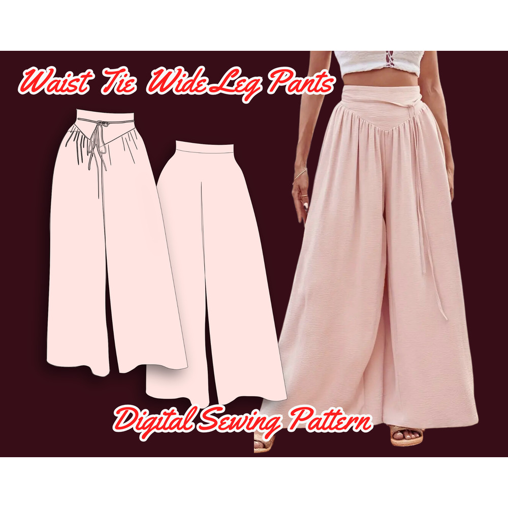 High Waist Wide Leg Tied Pants Sewing Pattern Casual Loose Pants Spring Summer XS3XL 2