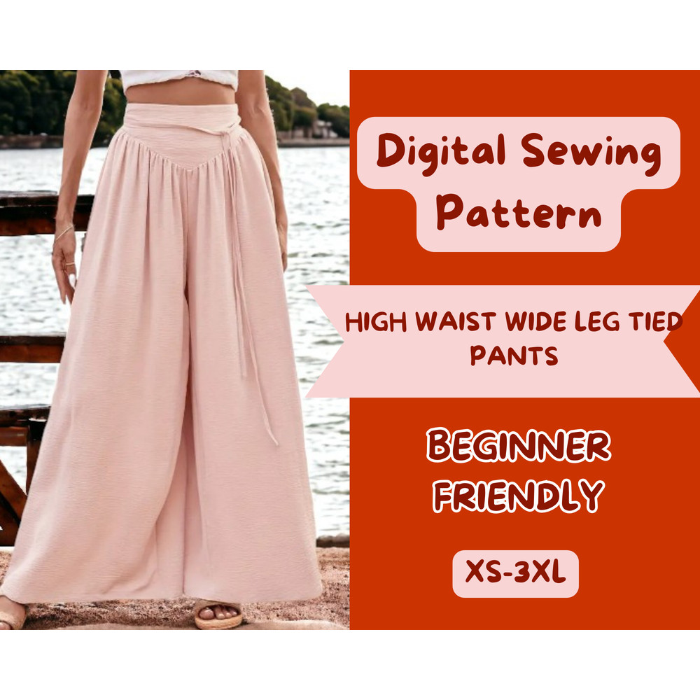 High Waist Wide Leg Tied Pants Sewing Pattern Casual Loose Pants Spring Summer XS3XL 3
