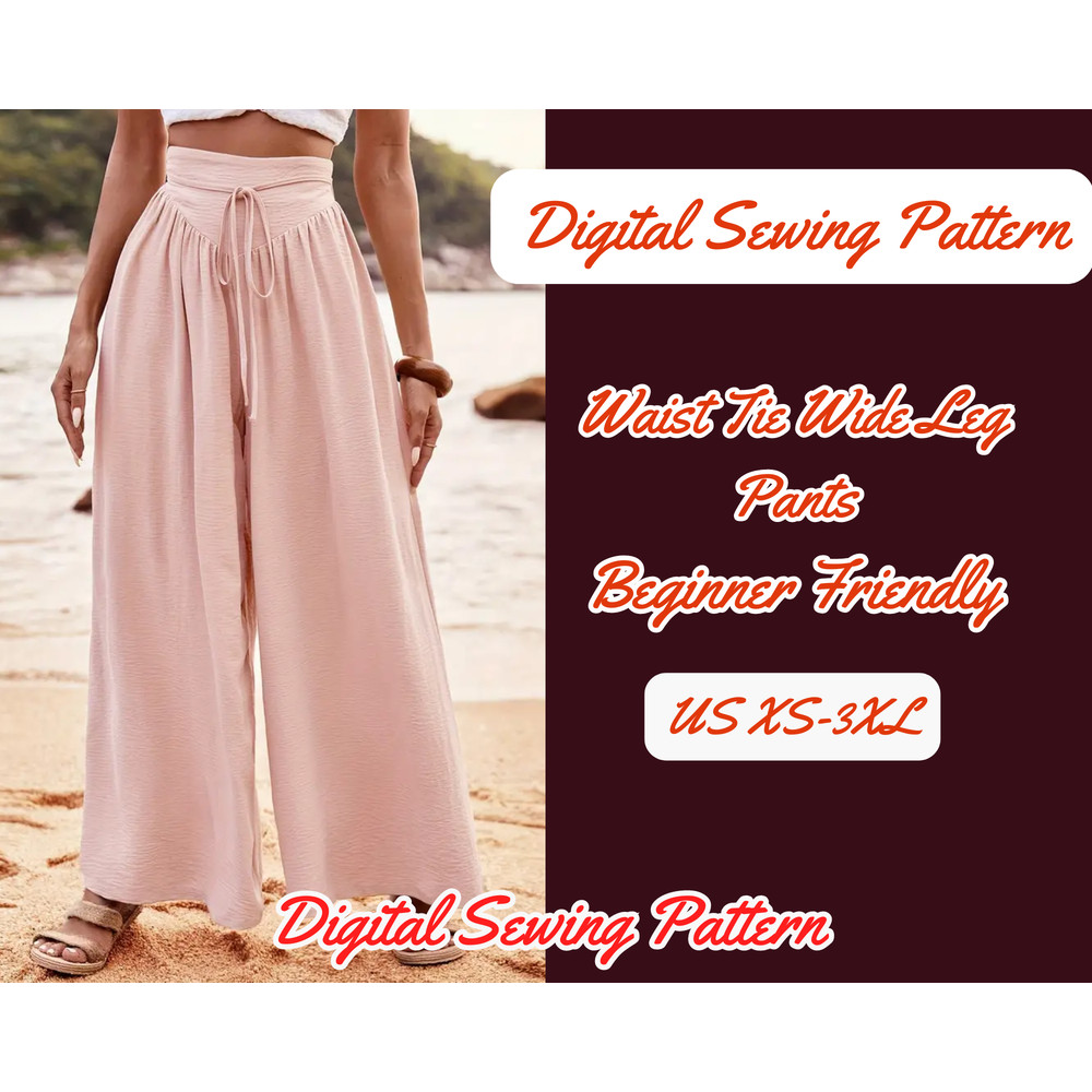 High Waist Wide Leg Tied Pants Sewing Pattern Casual Loose Pants Spring Summer XS3XL 0