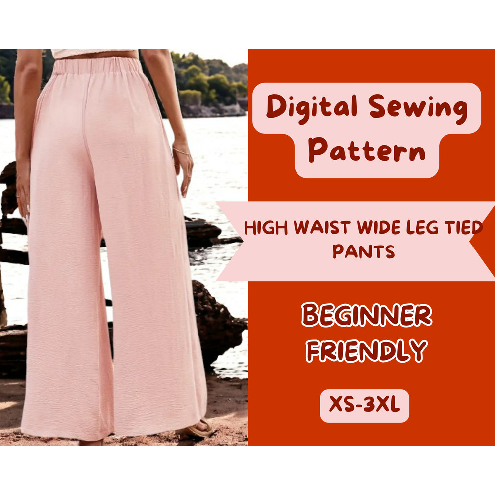 High Waist Wide Leg Tied Pants Sewing Pattern Casual Loose Pants Spring Summer XS3XL 4