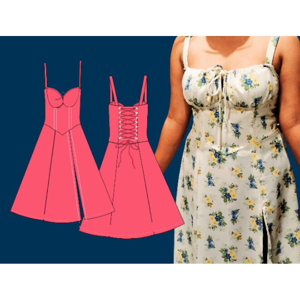 Easy To Sew Dress Woman Corset Dress Flare Midi Skirt Side Slit CottageCore PDF Sewing Pattern US S 3