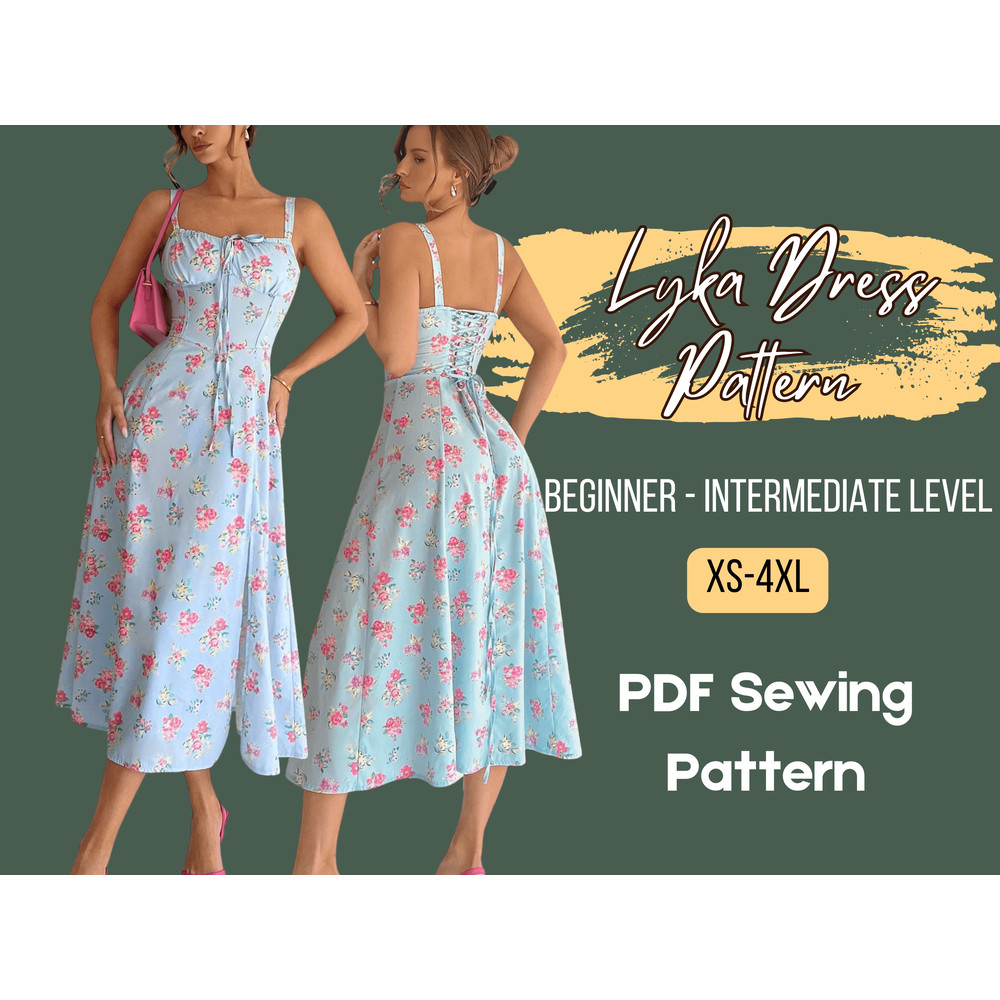 Easy To Sew Dress Woman Corset Dress Flare Midi Skirt Side Slit CottageCore PDF Sewing Pattern US S 0