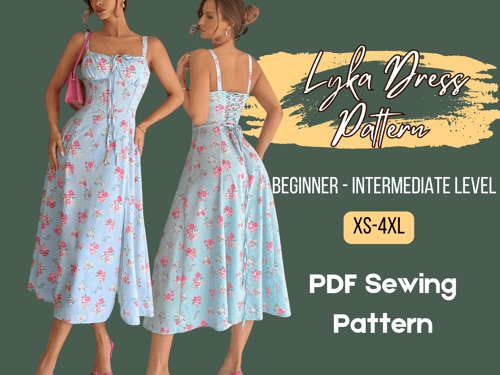 Easy to sew Dress Woman Corset Dress Flare Midi Skirt Side Slit CottageCore, PDF Sewing Pattern US Size XS-3XL