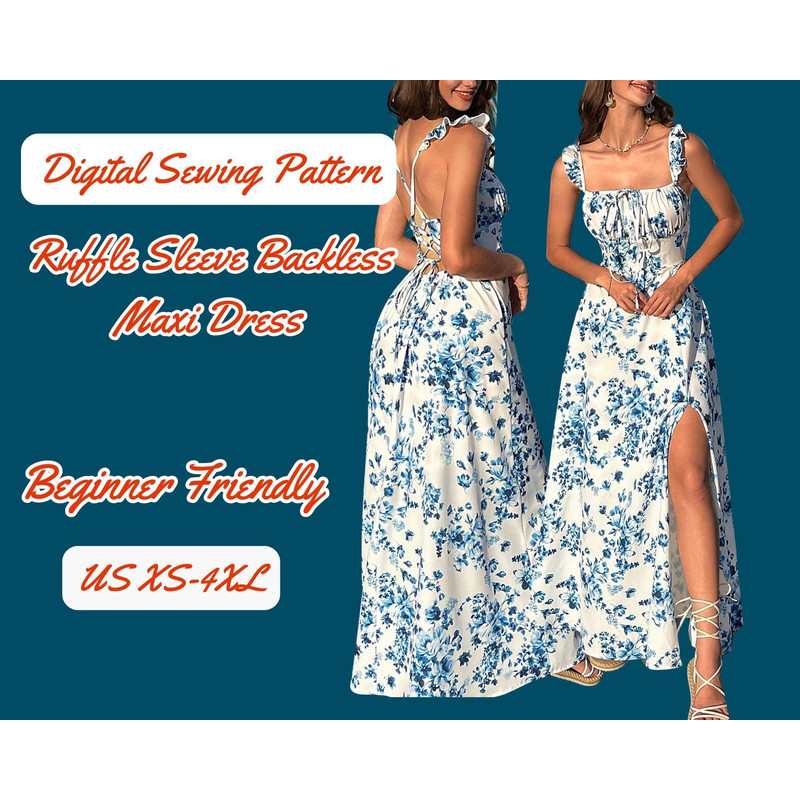 Backless Dress Sewing Pattern Maxi Tie Back Crisscross XS4XL Woman Floral Party Vacation Dress PDF 0