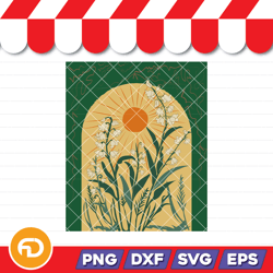 lily of the valley emerald green sun art poster mystical folk painting svg, png, eps, dxf digital download
