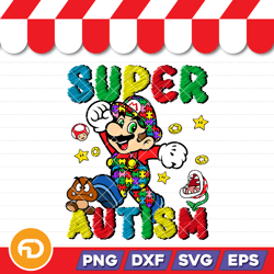 super mario autism awareness puzzle pieces ai girl sit with mobile svg, png, eps, dxf digital download