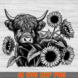 highland cow with sunflowers vector line are black and white