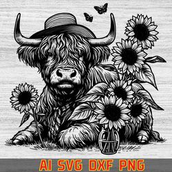 highland cow with sunflowers vector line vector | dxf | laser | screen | silhouette | unique tithir design | crafts | cu
