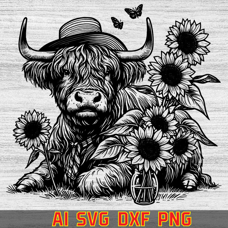 Highland Cow With Sunflowers Vector Line Vector  Dxf  Laser  Screen  Silhouette  Unique Tithir Desi 0