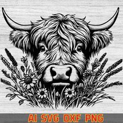 highland cow with sunflowers svg & png, cow clipart, highland cow vector image, cow silhouette, sublimation design, farm
