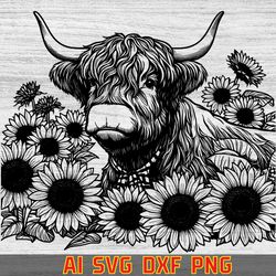 watercolor highland cow with sunflowers clipart, png cow clipart, highland cow vector image, highland cow silhouette,