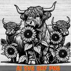 cute highland cow with pumpkins svg png, digital download animal art, fall harvest farmhouse decor, thanksgiving autumn