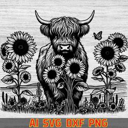 floral cow svg png, long haired cow, cow svg cricut cut file, simple cow svg, scottish cow, highland cow svg, yak cow