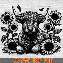 cute highland cow with pumpkins svg png, digital download animal art,