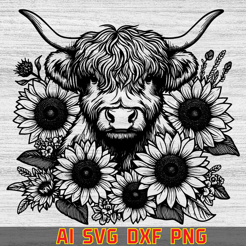 Watercolor Highland Cow With Sunflowers Clipart Highland Cow Vector Image Highland Cow Silhouette 0