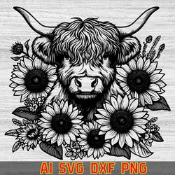 watercolor highland cow with sunflowers clipart, highland cow vector image, highland cow silhouette,