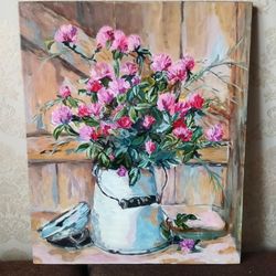 Original oil painting on canvas, still life with clover