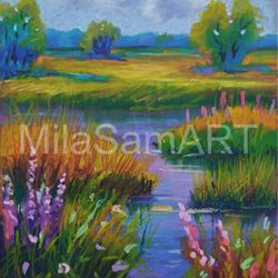 mid summer oil pastel painting original wall art - 024