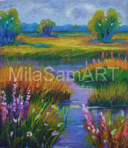 Mid Summer Oil Pastel Painting Original Wall ART - 024