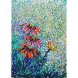 Oil Pastel Painting, Small Art, Original Wall ART - Flowers - Echinacea - 022