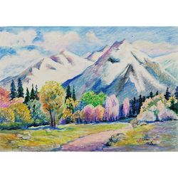 Oil Pastel Painting Original Wall ART - SPRING IN THE ALPS - 018