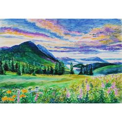 Oil Pastel Painting Original Wall ART - SUMMER IN THE ALPS - 017