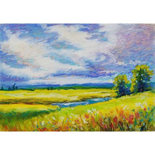 Oil Pastel Painting Original Wall ART - WATER MEADOWS - 016