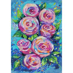Roses Oil Pastel Painting, Original Wall ART, Small painting - 026
