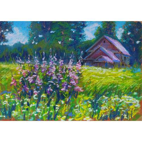 JULY Oil Pastel Painting, Original Wall ART, Small painting - 028