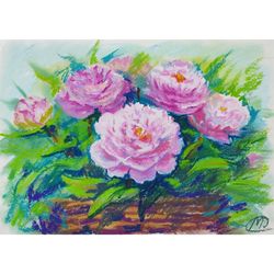 PINK Peonies Oil pastel Painting, Spring Flowers Original Art, Botanical Artwork, Home Neutral Decor by MilaSamArt - 029